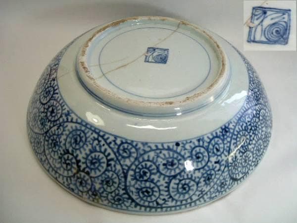 大皿■渦福「江戸中期」蛸唐草紋古伊万里染付大皿 大鉢 菓子器 時代物 骨董品■