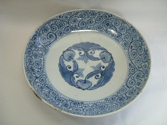 大皿■渦福「江戸中期」蛸唐草紋古伊万里染付大皿 大鉢 菓子器 時代物 骨董品■