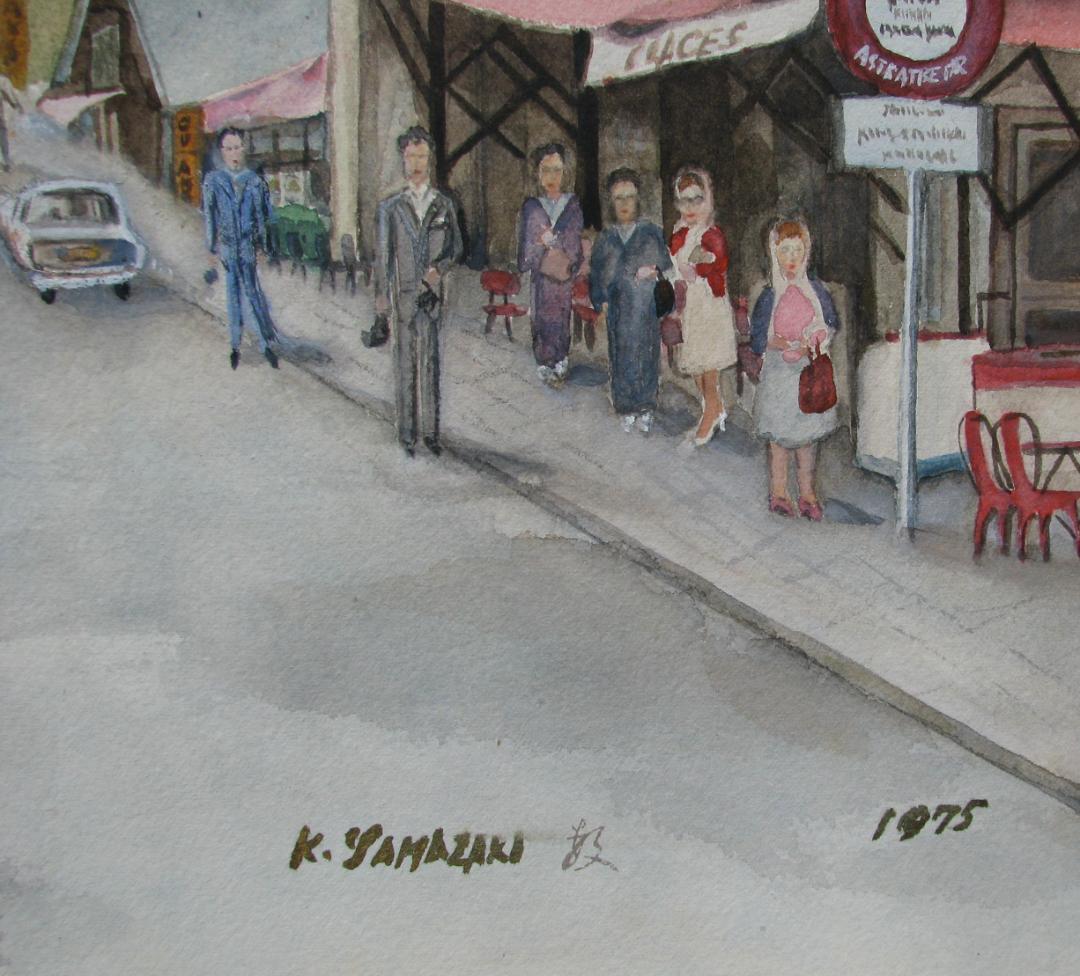 山崎数男「モンブランへアルプスの街」約6号水彩,郷愁のアルプス臨場感