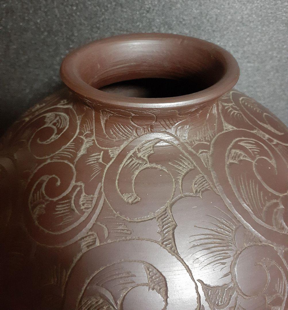 萬古焼　【善作】　唐草彫文様　壺　花入れ　茶道具　茶器　花瓶