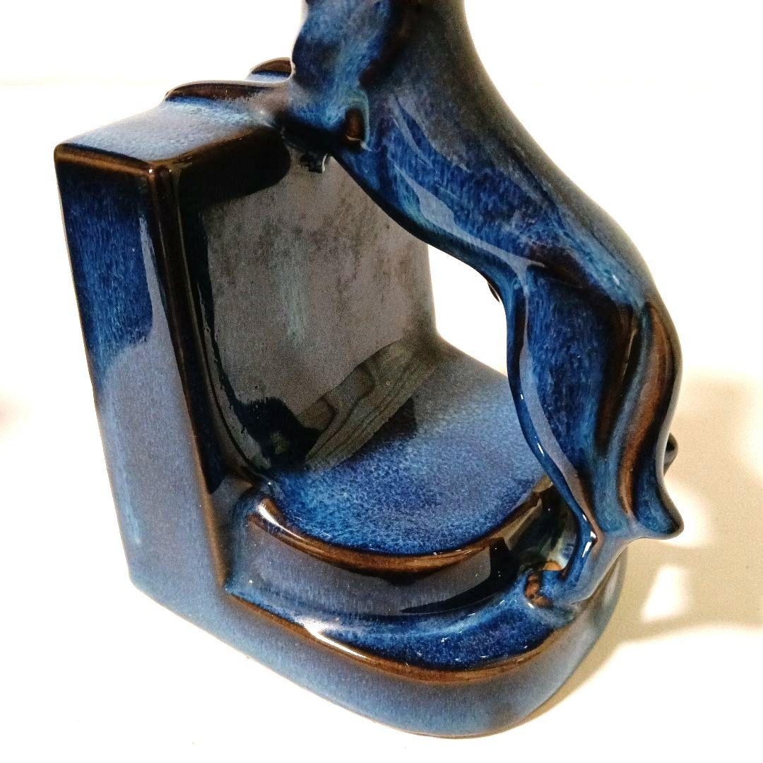 ドッグ ブックエンド オブジェ 陶磁器 青色 藍色 レトロ ヴィンテージ 犬
