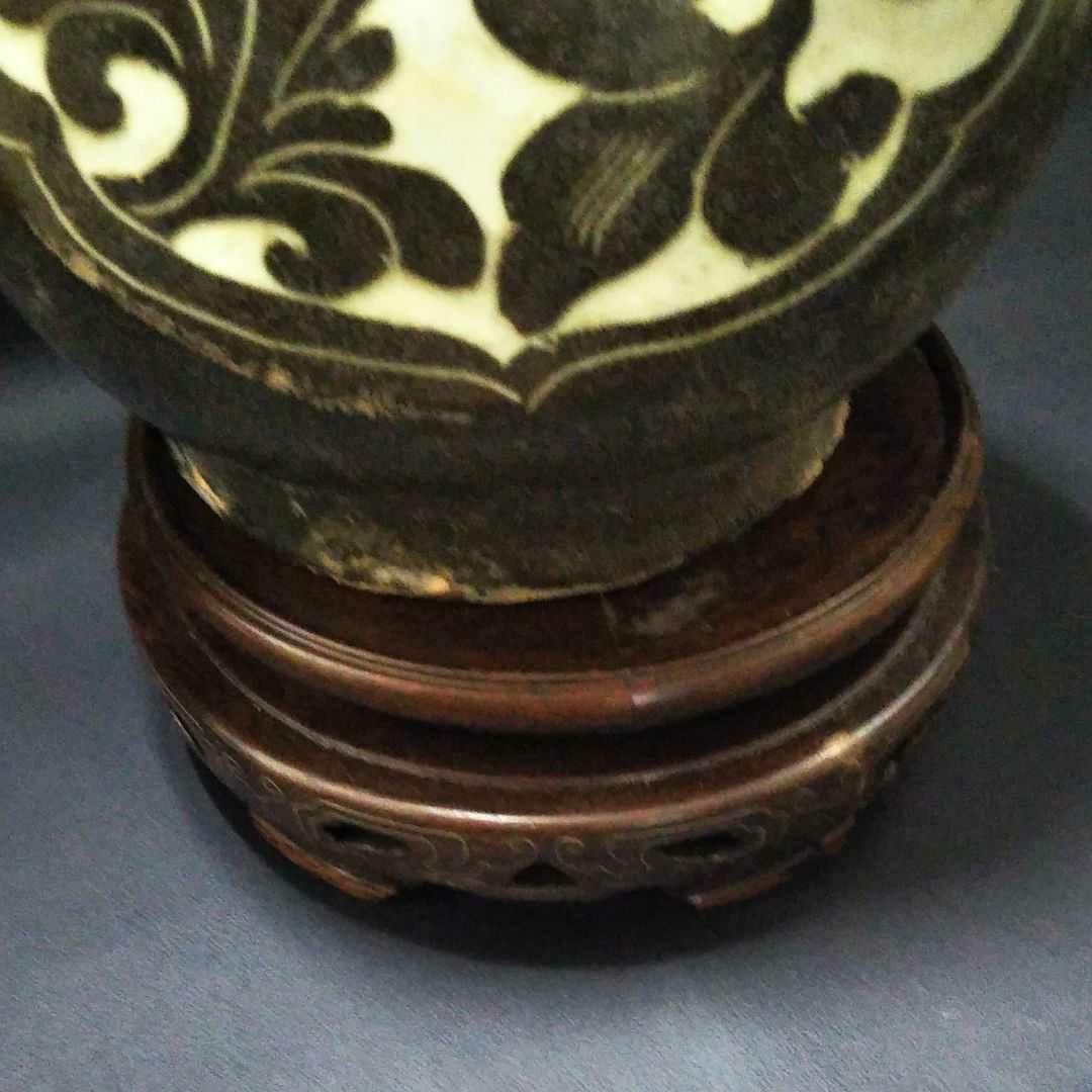 ※中国古美術/磁州窯黒釉蓮花紋披玳壺/