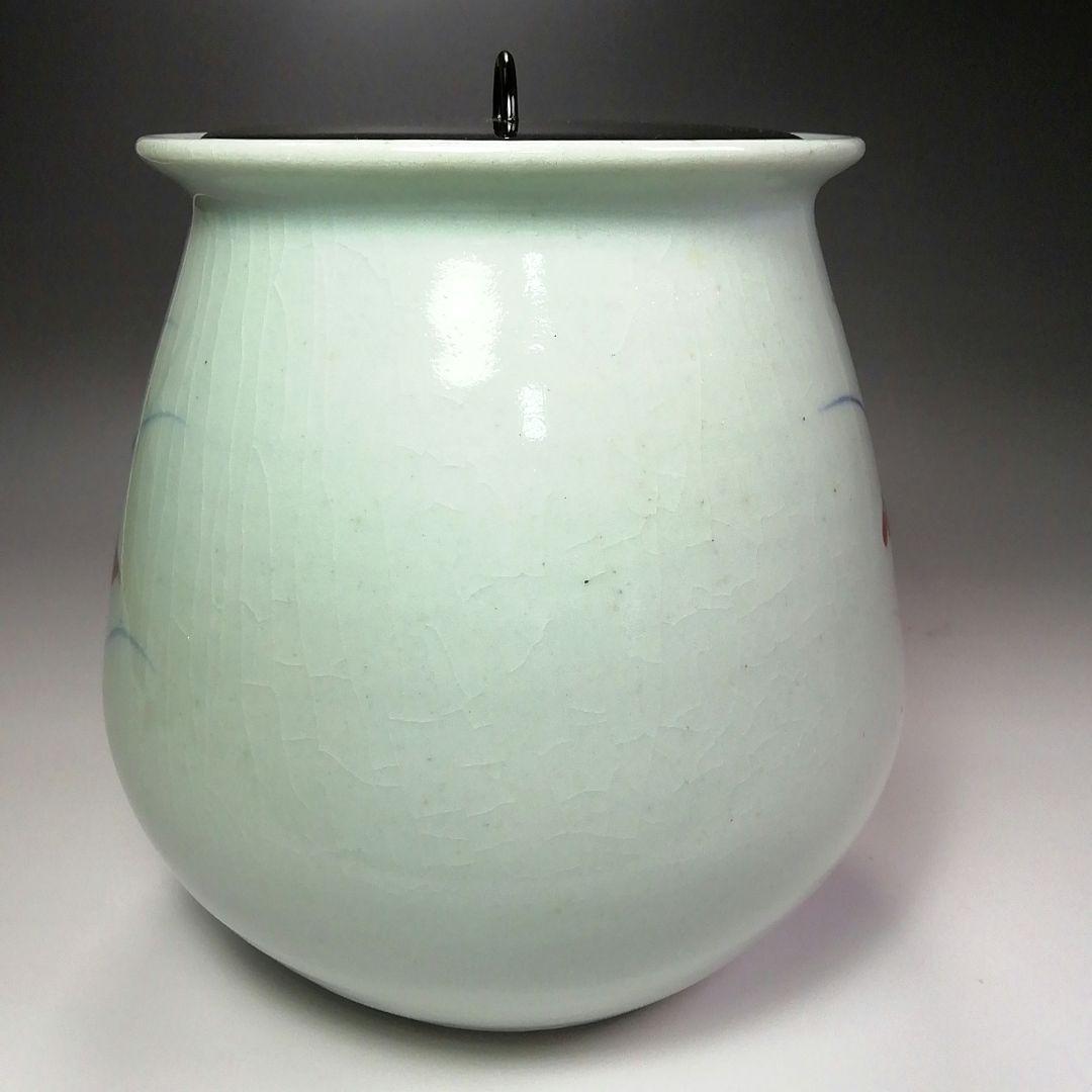 Ｓ３７３　水指　『廣州窯』『花草紋』『塗蓋』　共箱　茶道具