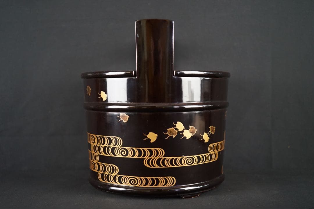 波 千鳥蒔絵 手桶水指 時代物 箱付 茶道具