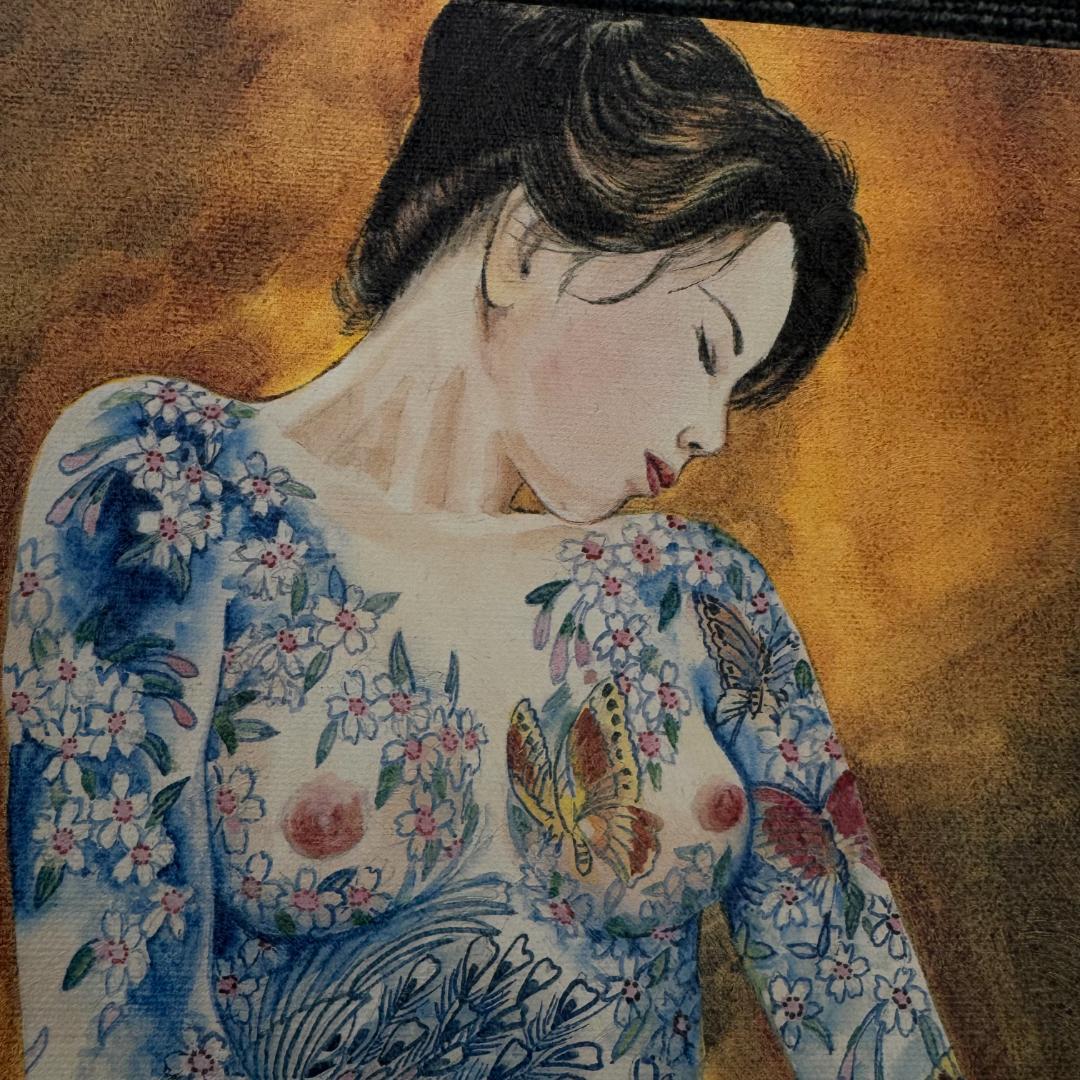 鳳凰美人刺青画　美人版画　龍泉 リュウセン 在銘 艶絵 額油絵二枚