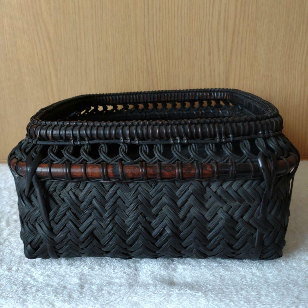 炭斗　唐物写籐組四方　竹朋斎　炉用　共箱　無傷