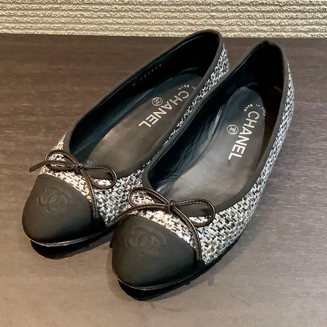シャネル CHANEL 20A ココマーク リボン ツイード バレリーナ