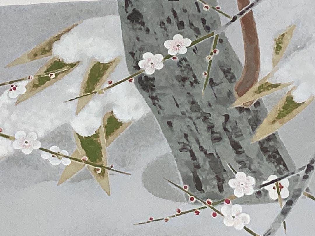 上村淳之　版画　「雪中小禽」直筆サイン・エディション　美品　日本画 金色フレーム