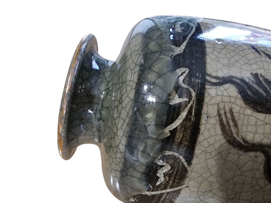 相馬焼 花瓶 花器 壺 陶芸 金彩 馬 双馬 高さ約28.5cm 骨董