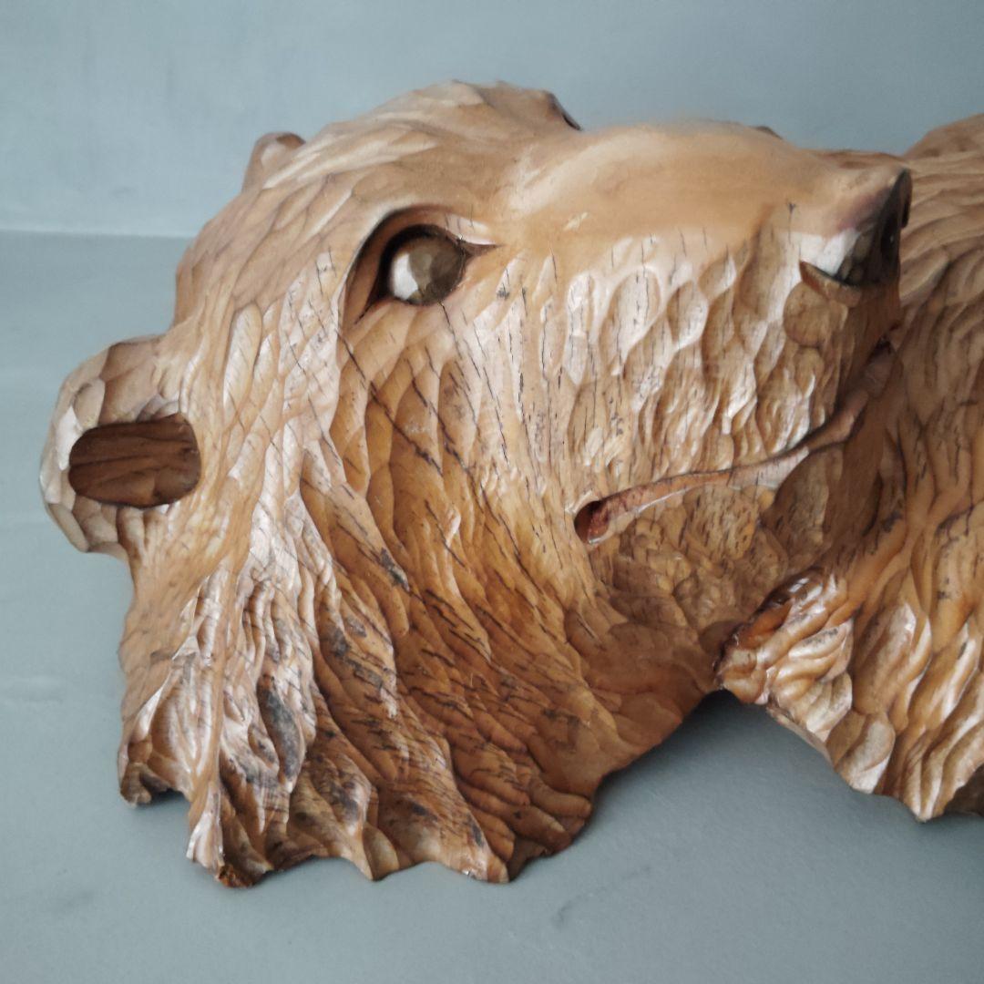 双頭木彫り熊　壁掛け　天然木一刀彫　静と動　貴重　縁起物