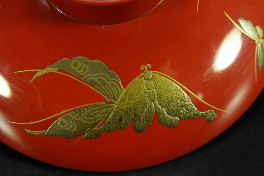 牡丹 蝶 蒔絵 朱塗 盃 一対 極上 美品(K-A382)