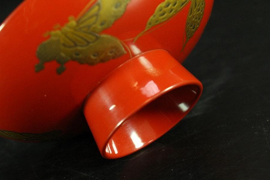 牡丹 蝶 蒔絵 朱塗 盃 一対 極上 美品(K-A382)