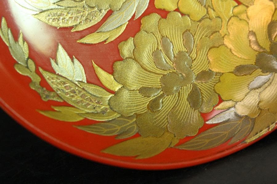 牡丹 蝶 蒔絵 朱塗 盃 一対 極上 美品(K-A382)