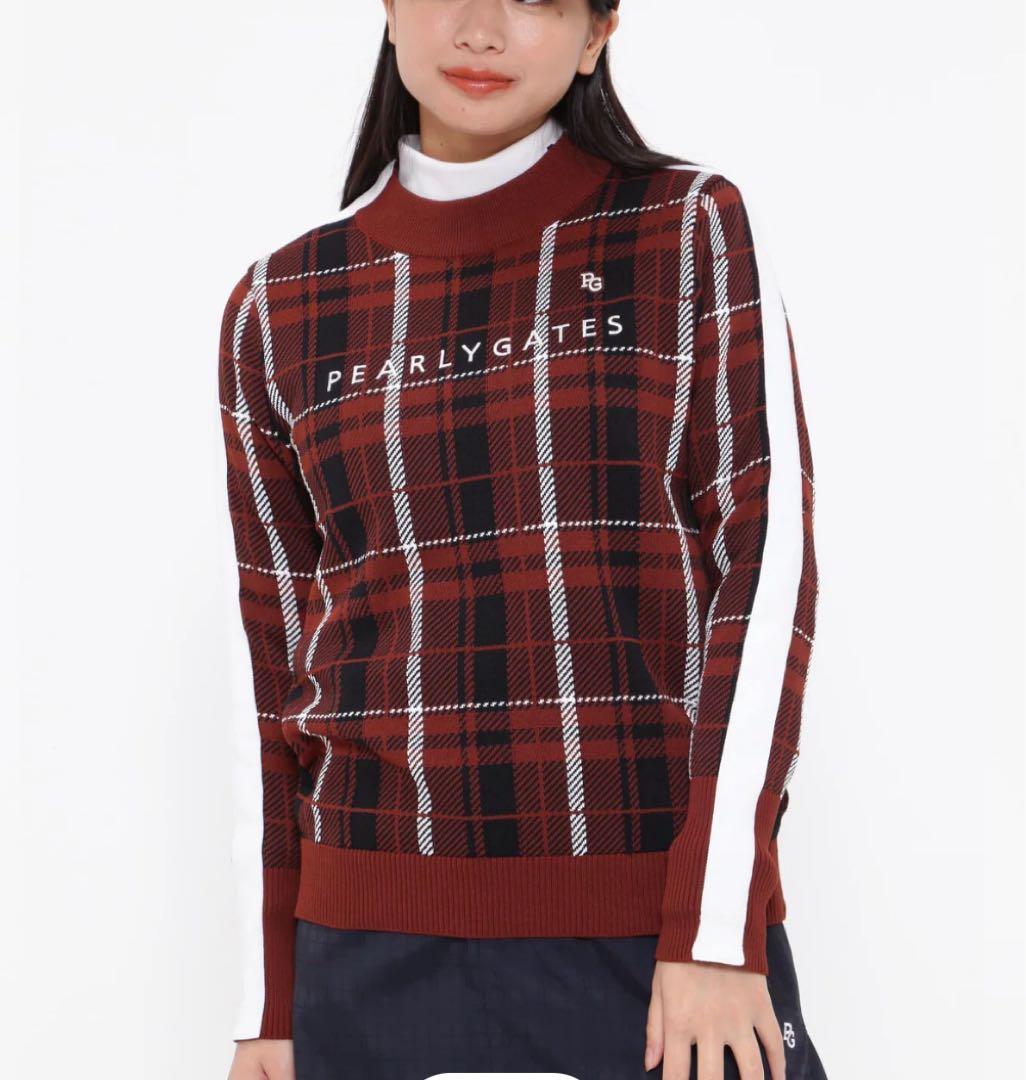 新品　パーリーゲイツ　ニット　セーター　モックネック　チェック柄　ブラウン　1