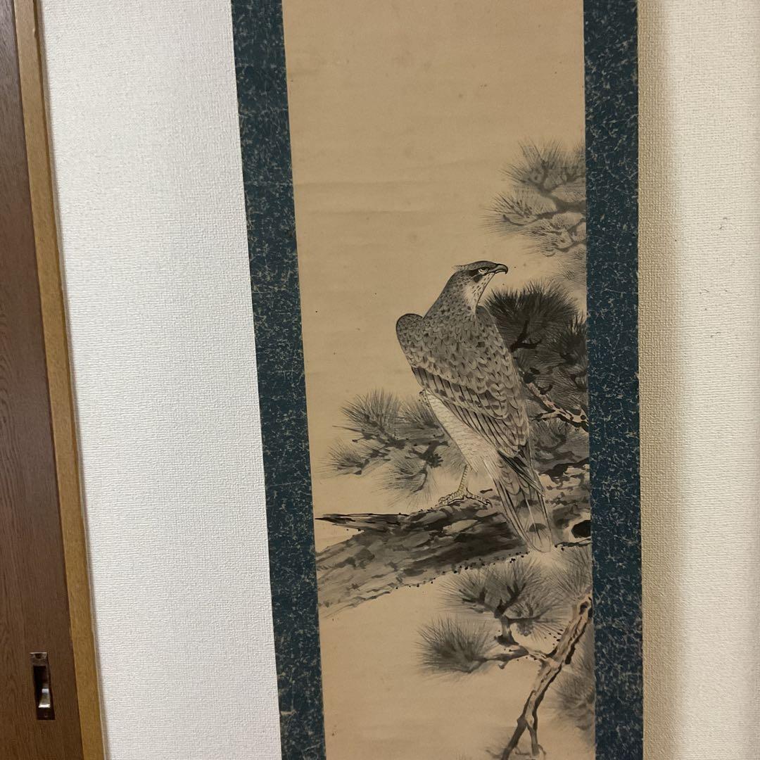 松上鷹図 紙本淡彩水墨画 落款印譜在（生峰）紙表装 軸先 紫檀