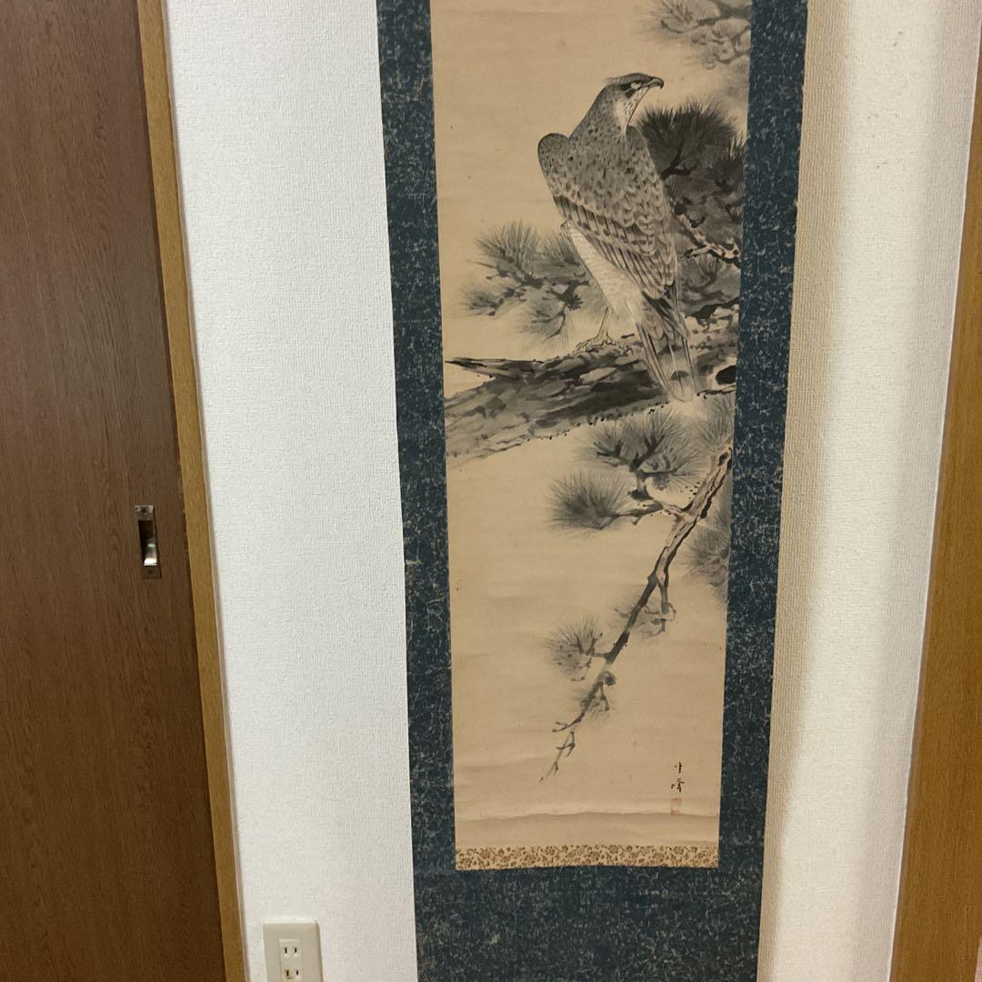 松上鷹図 紙本淡彩水墨画 落款印譜在（生峰）紙表装 軸先 紫檀