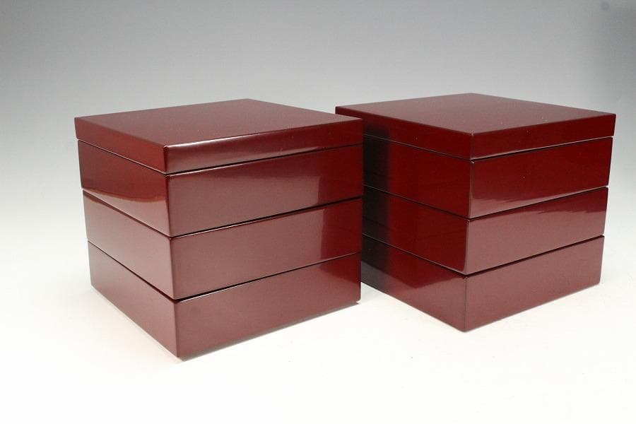 漆器 瓢窓 三段重 手提げ器 二段蓋物 弁当 一対 月見 正月(K-XA770)