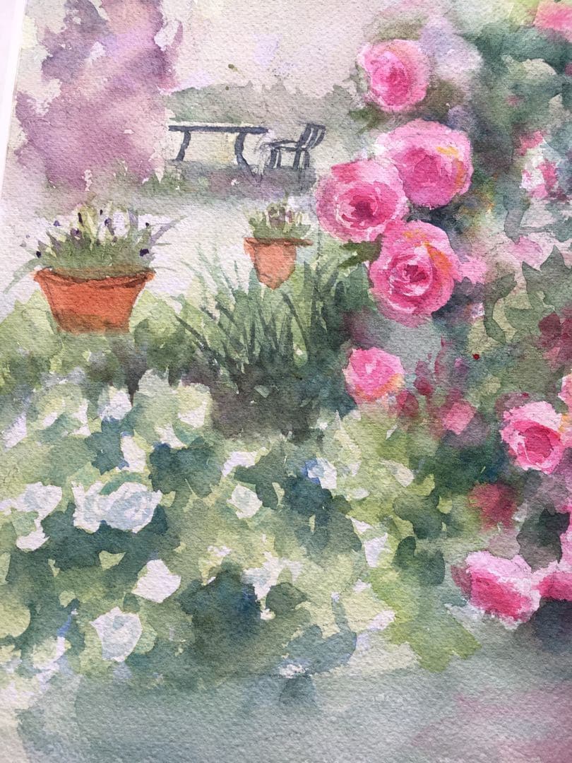 透明水彩画原画夢見るローズガーデン
