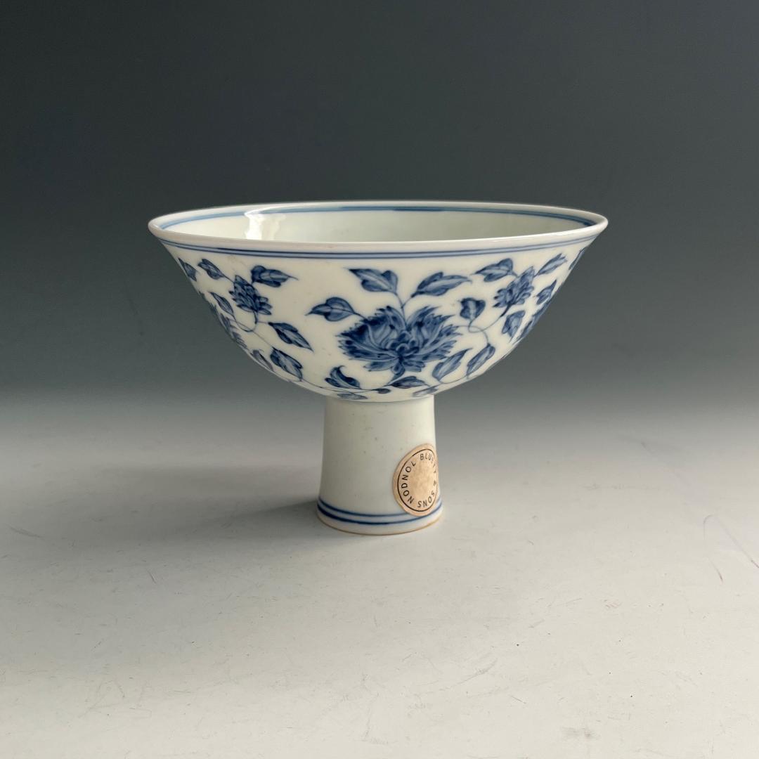 唐物 青花花紋高足杯 馬上杯 大明成化年製 款 中国美術 古玩 SN762