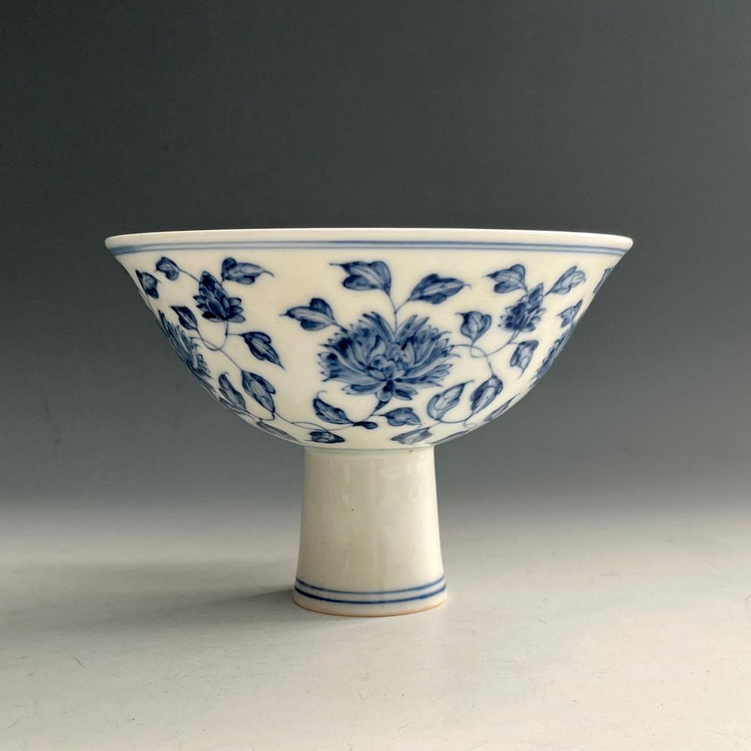 唐物 青花花紋高足杯 馬上杯 大明成化年製 款 中国美術 古玩 SN762