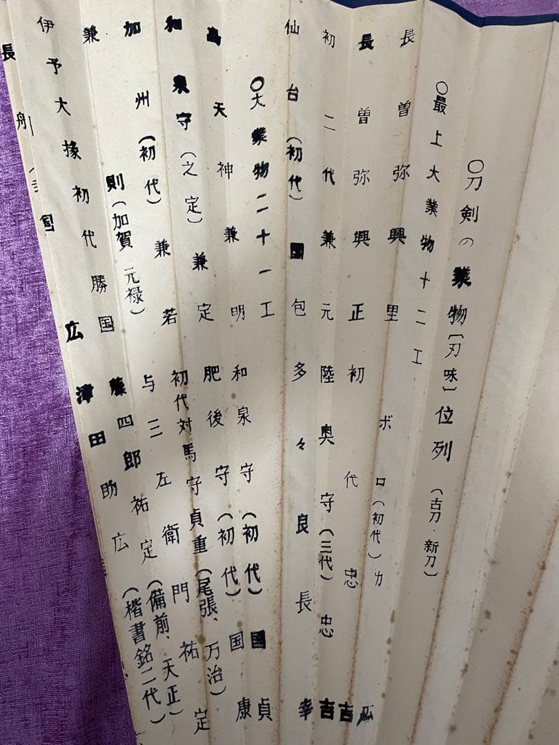 刀剣の業物 歴代列位者 扇面　巨大うちわの置物　古代飾り歴史物