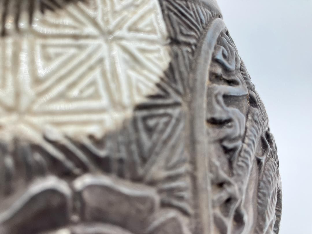 【中国美術】『黒陶四耳唐子図壺』　高さ：２３ｃｍ　花瓶　花生　置物　黒釉