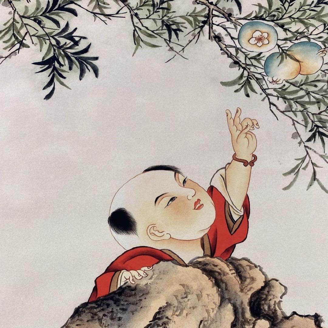 四尺中堂 中国人物画 張大千 嬰戯図 掛軸 防伪証書付