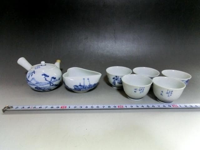 煎茶器セット■染付絵変わり煎茶道具 東海道五十三次 横手急須 煎茶碗 湯冷まし■