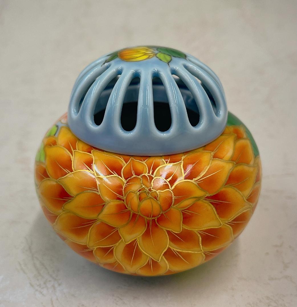 絶品！清水焼香炉★手描きオーダー発注品◆水色地×ダリア