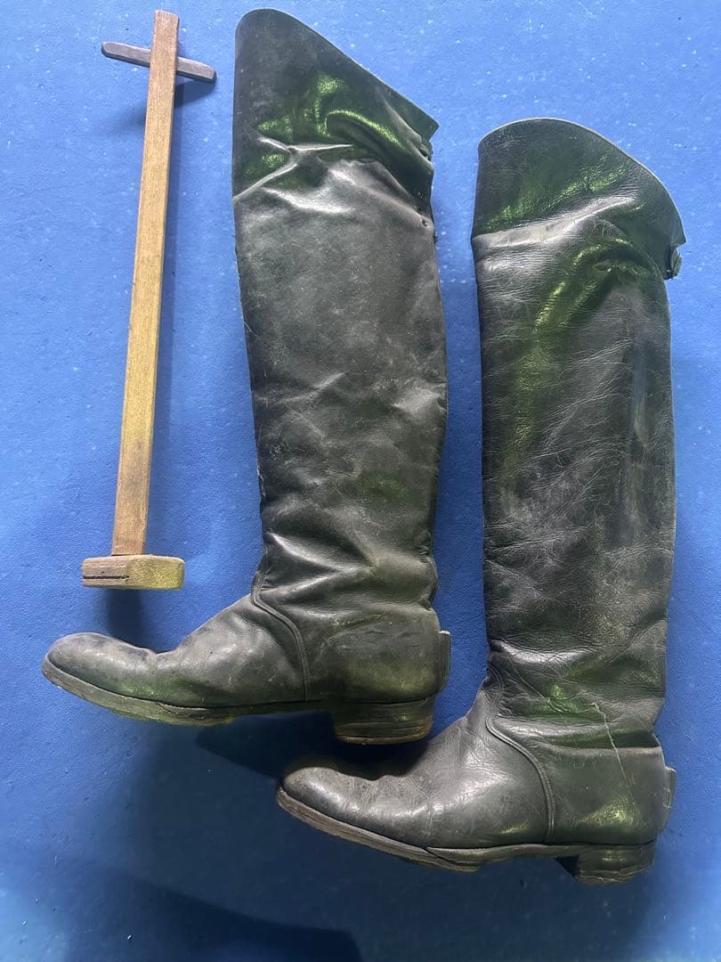 総革ロングブーツ木製キーパー付民族資料館保管品レトロアンティーク革靴 乗馬海軍型