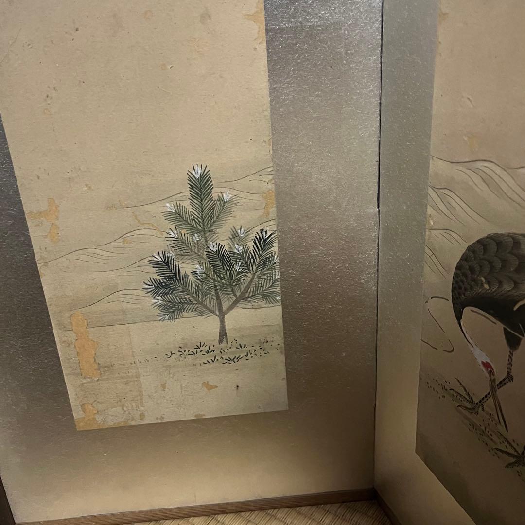 小型屏風/鶴と松/手描き屏風/6曲1双