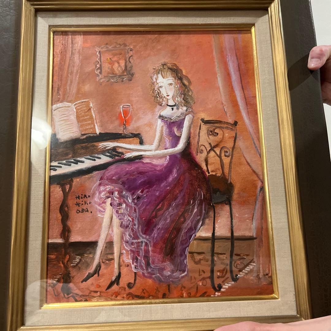 Kira Oda 油彩画 女性とピアノ