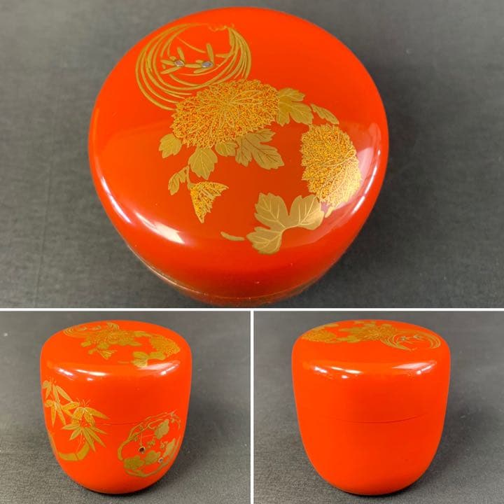 018D82 送料無料　朱塗　花丸蒔絵　中棗　棗　茶道具　茶室