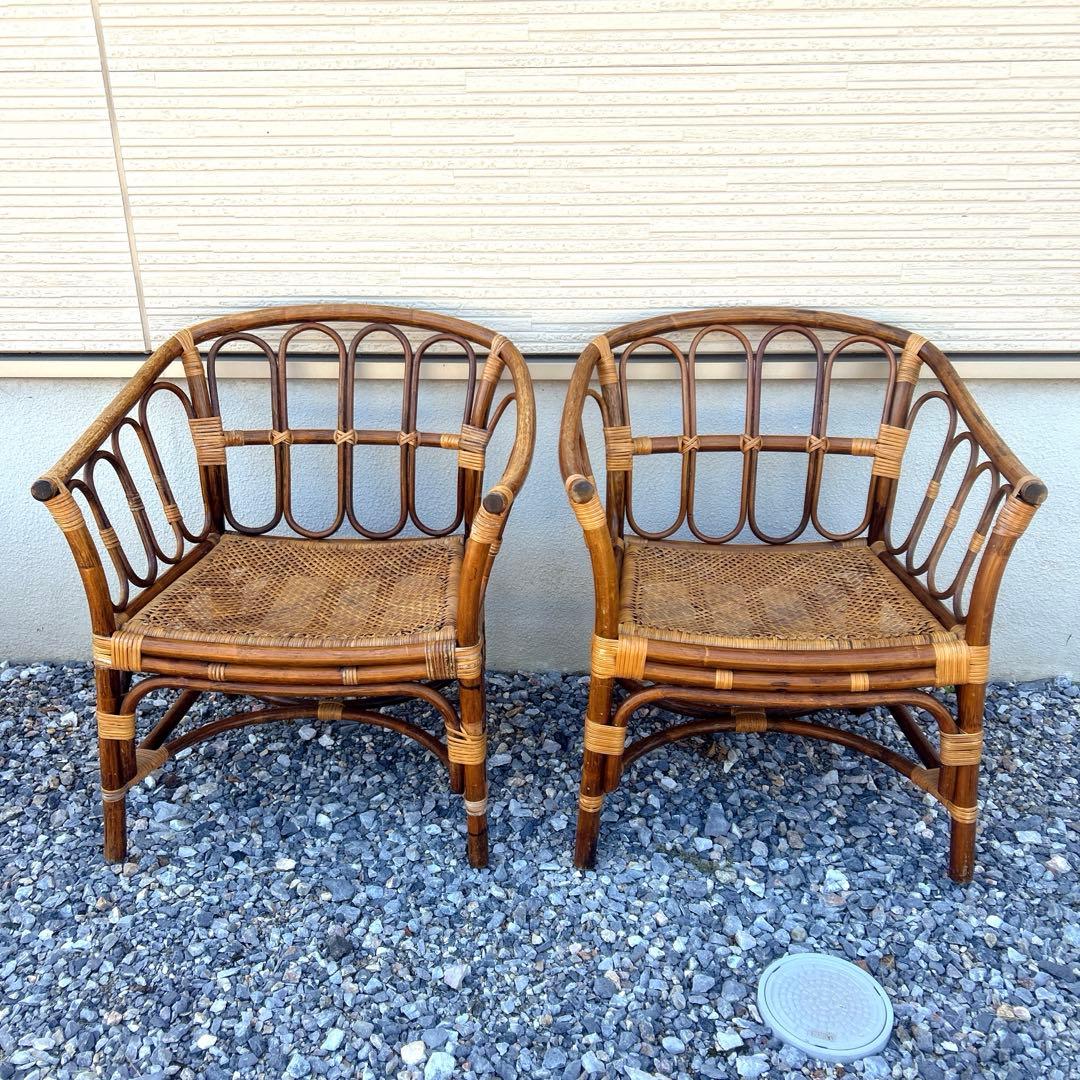 【引取限定】 マルニ ラタン 4点セット ガラステーブル 椅子 ２人掛けソファ