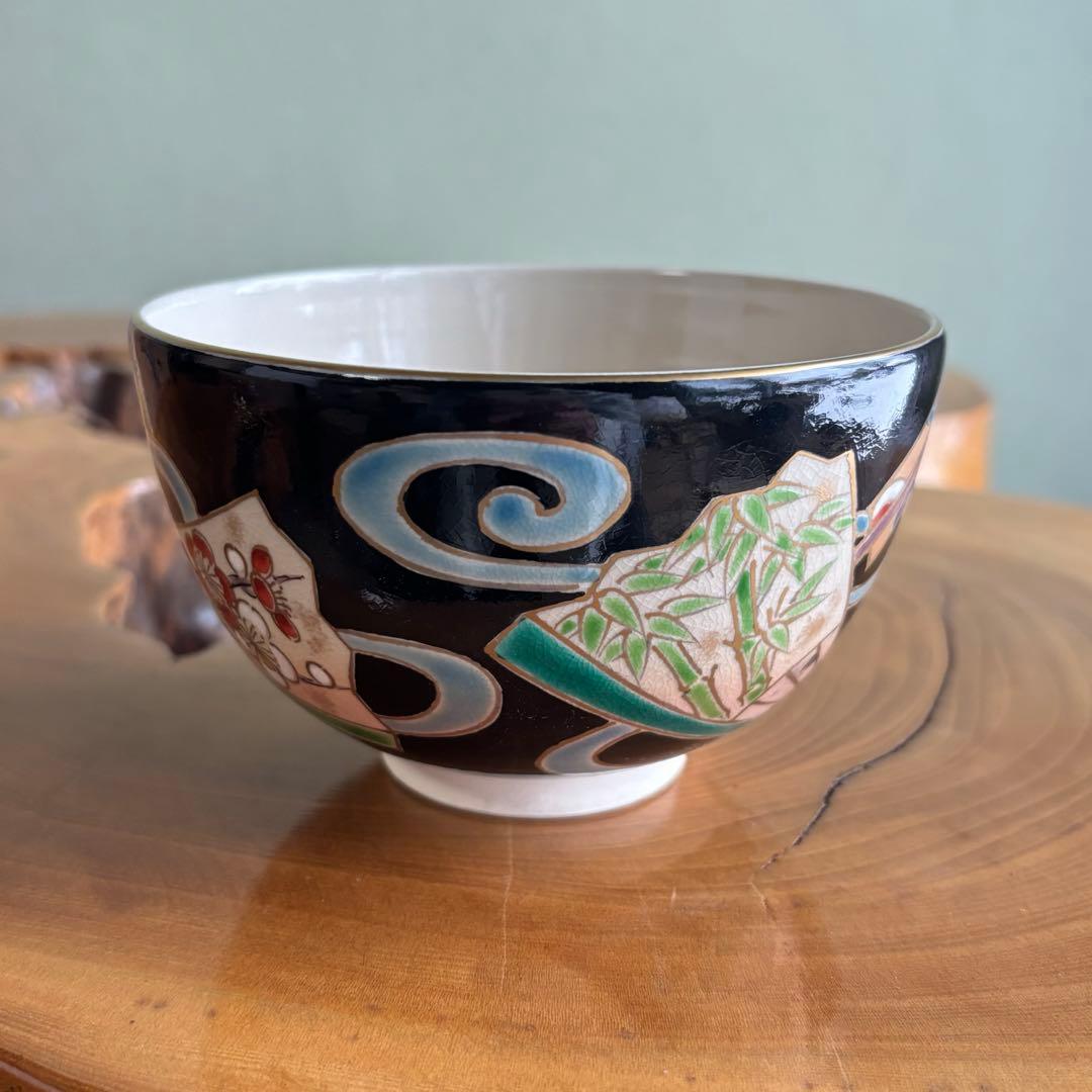 仁清黒扇面流し絵 清雲造 京焼 抹茶碗 茶道具 共箱(94)