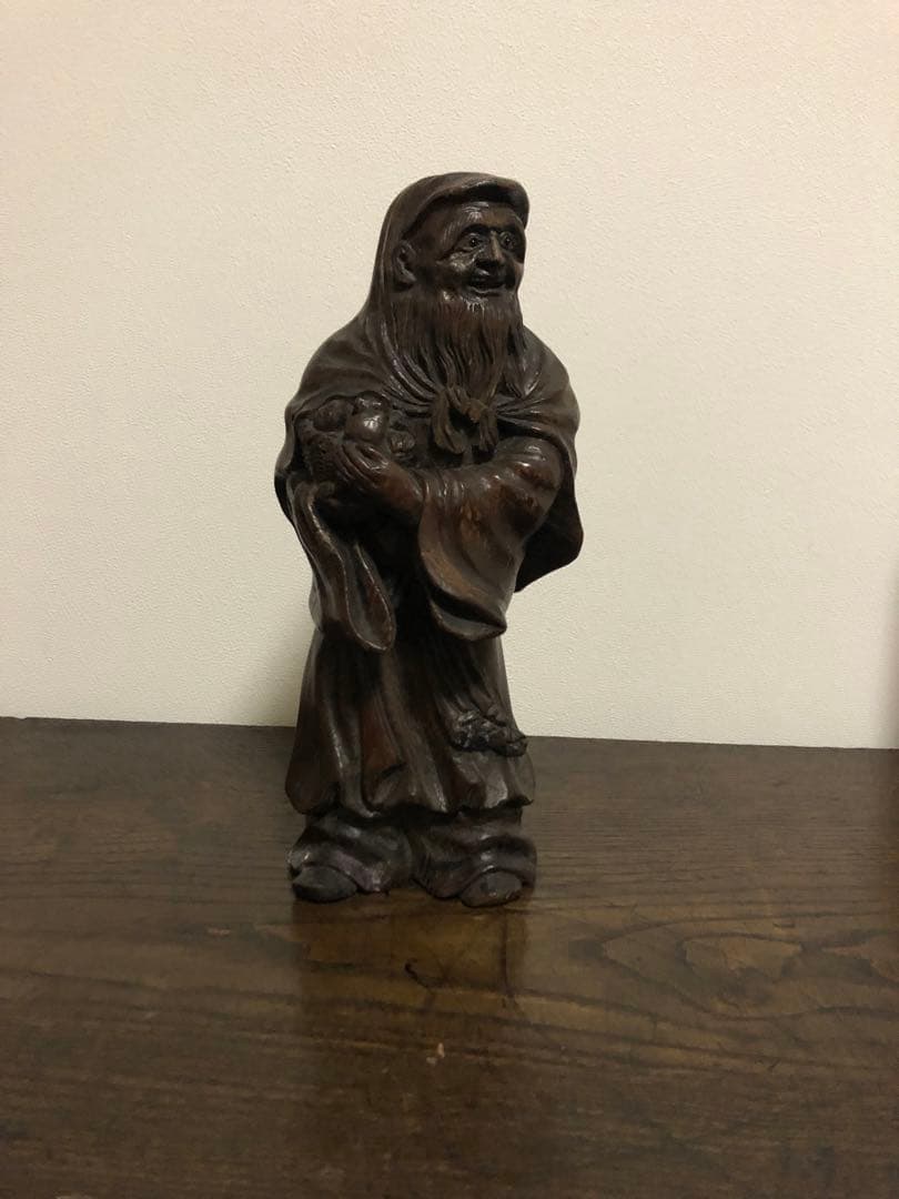 明治期　立川流彫刻　木彫置物　桃仙人　象眼　在銘「立川刀」