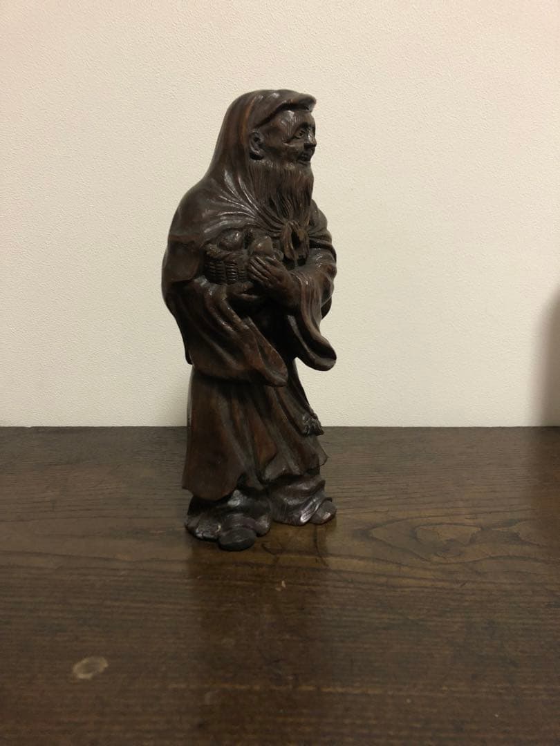 明治期　立川流彫刻　木彫置物　桃仙人　象眼　在銘「立川刀」