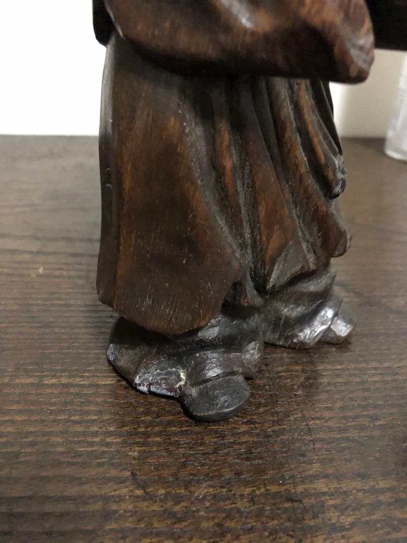 明治期　立川流彫刻　木彫置物　桃仙人　象眼　在銘「立川刀」