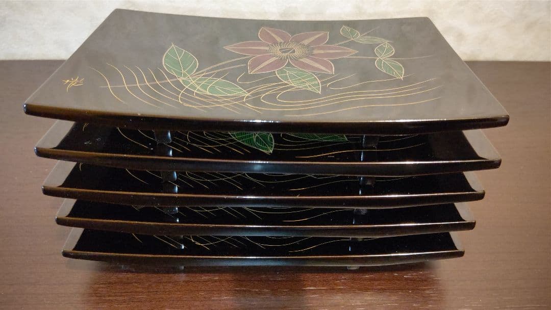 象嵌 絵変 銘々皿 5客 角野岩次 沈金 四角 黒 脚付き