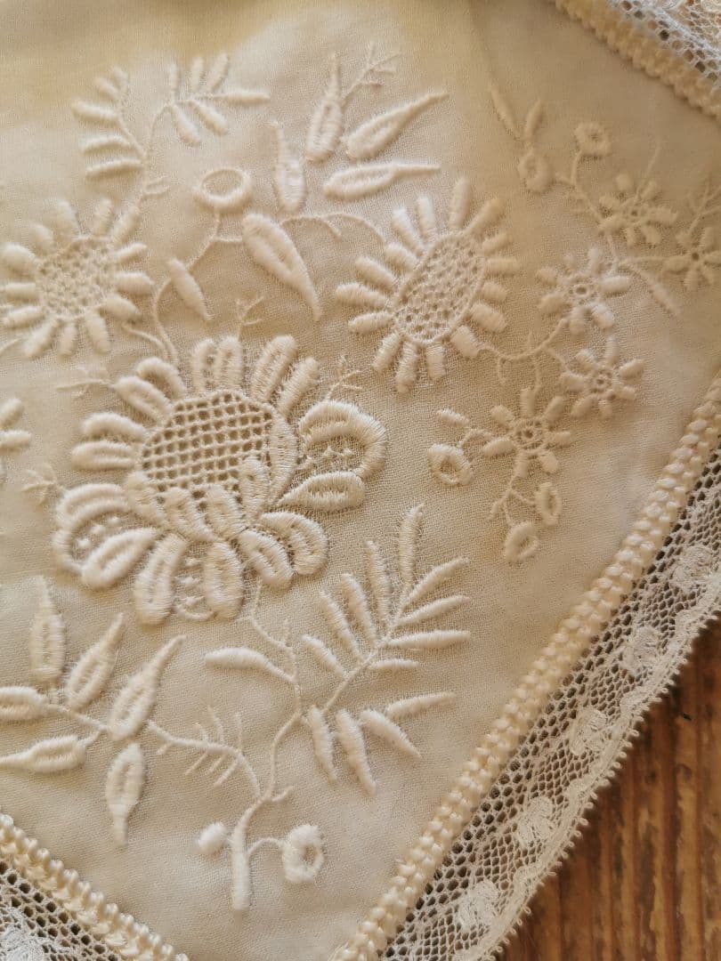 アンティーク 初聖体式 花刺繍&プリーツ リネンシルク オモニエール 二重バッグ