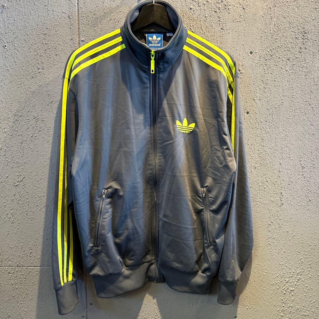 adidas トラックジャケット　ファイヤーバード　グレー×ネオンイエロー　L