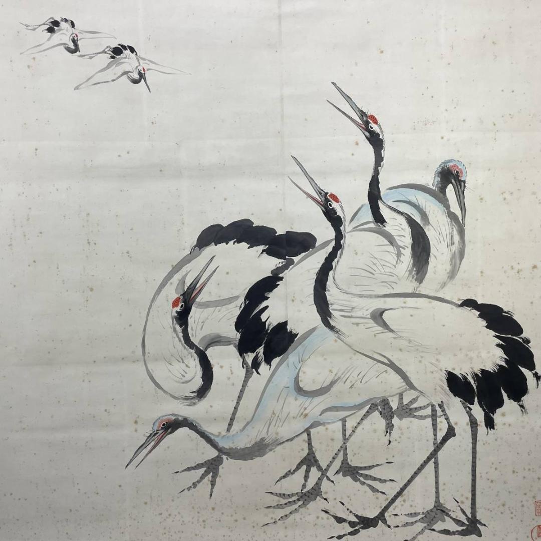 真作/光観/群れ鶴図/鶴/超大幅/布袋屋掛軸A-576