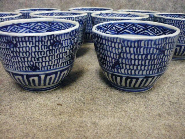 伊万里 みじんこ手 石積み文 染付 ベロ藍 猪口 9個 [B31433]