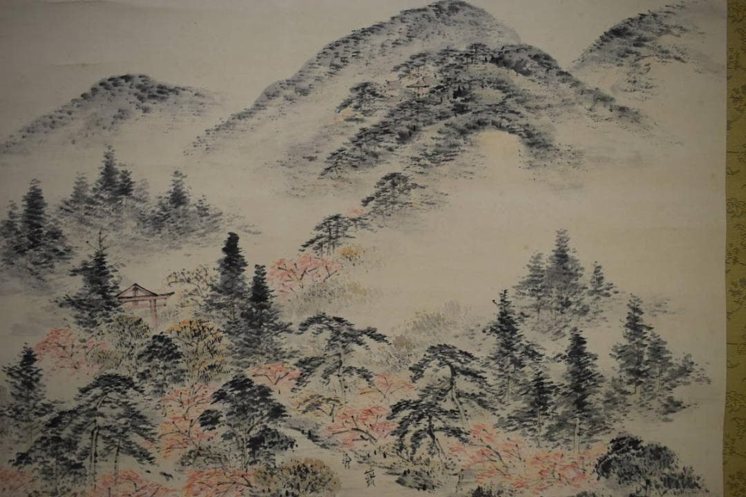 真作/毛利梅友/山水鳥居図/桐共箱付/布袋屋掛軸HH-518