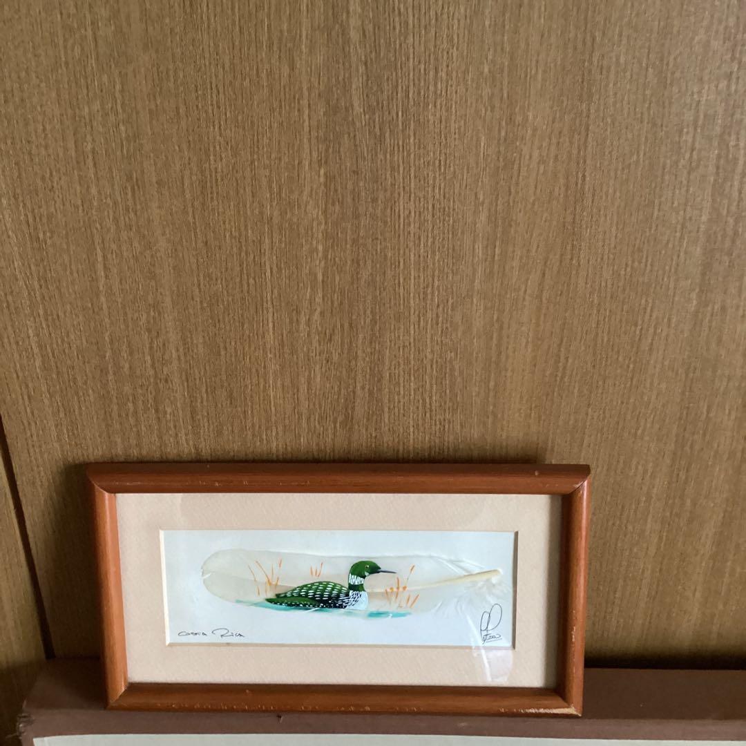 水彩画　　タイトル【　鴨　】鳥の羽に鴨の絵が描かれてます。壁掛け額装　直筆サイン