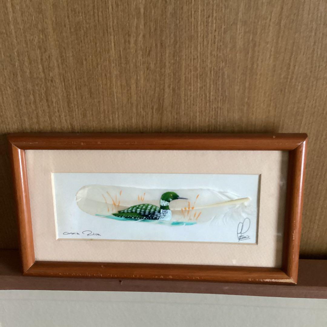 水彩画　　タイトル【　鴨　】鳥の羽に鴨の絵が描かれてます。壁掛け額装　直筆サイン