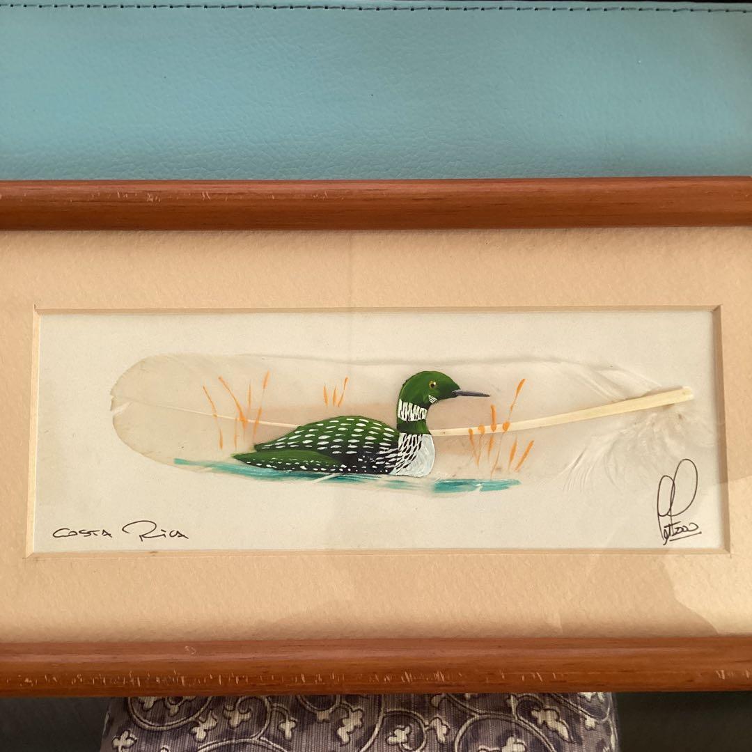 水彩画　　タイトル【　鴨　】鳥の羽に鴨の絵が描かれてます。壁掛け額装　直筆サイン