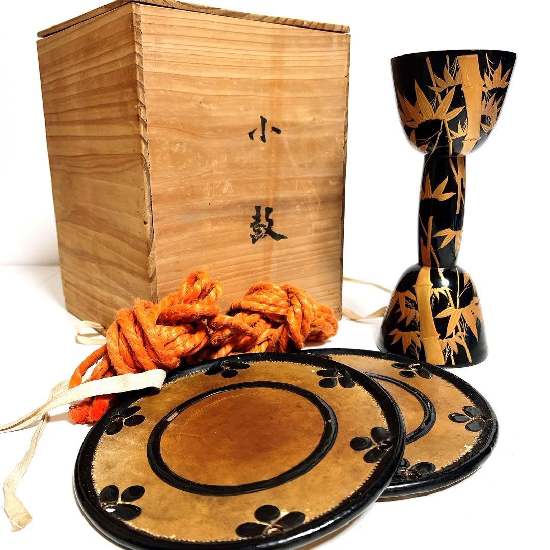 【希少】鼓　蒔絵　小鼓　胴　和楽器　漆塗り　伝統芸能　能 歌舞伎　竹雀　金彩
