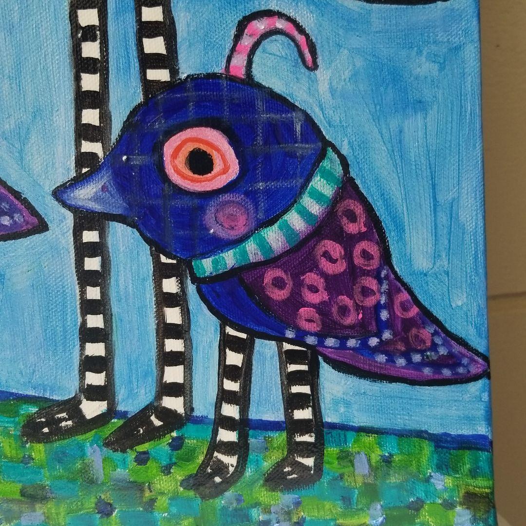 油絵　専用　旅に出る決意をする鳥の家族