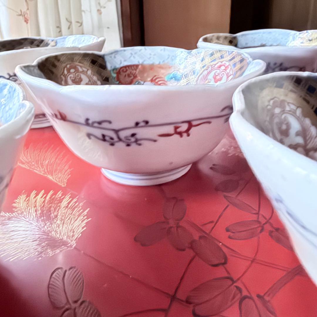 超限定価格‼️伊万里錦手向付おひたしにはこれ‼️桃手に鶴と竹六弁花在銘向付5客